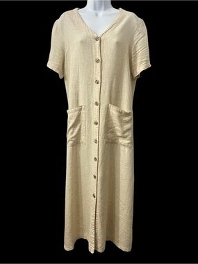 Vtg 90s Button Front Linen Blend Midi Dress M Lagenlook Minimalist Coastal Beach